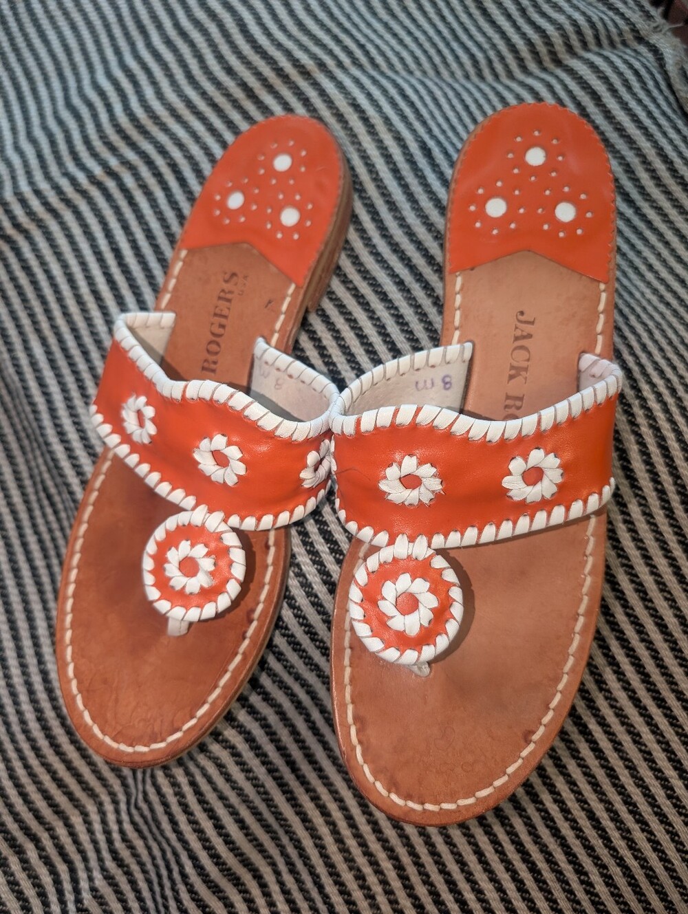 Jack Rogers USA Palm Beach Flat Sandals Orange White Leather 8 M Whip Stitched